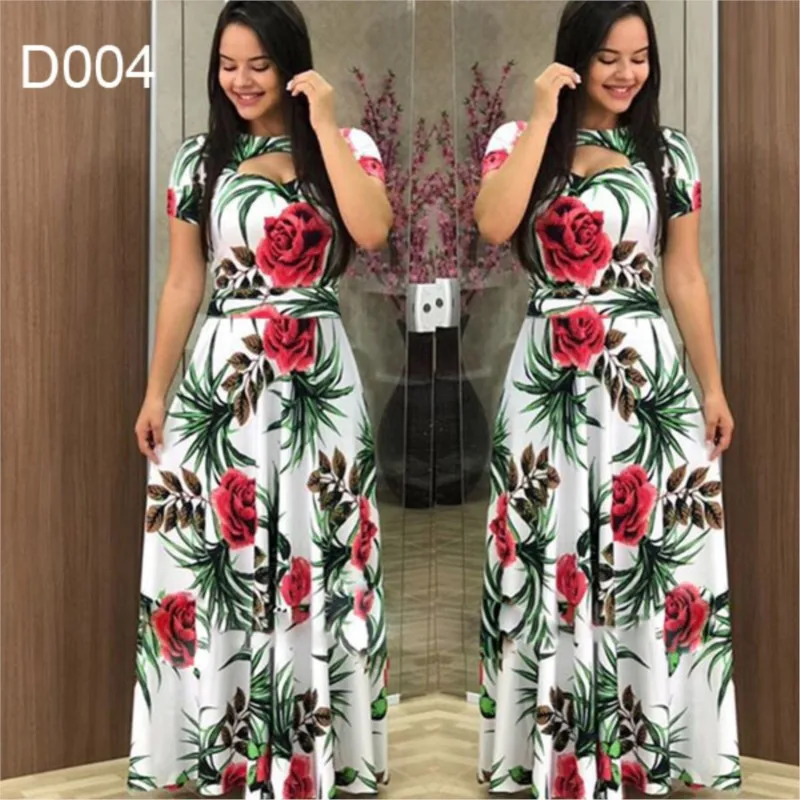 Elegant Spring Women\'s Dress Casual Fashion Floral Print Short Sleeve Super Long Dress 2023 New Fashion Hollow Out Long Dresses