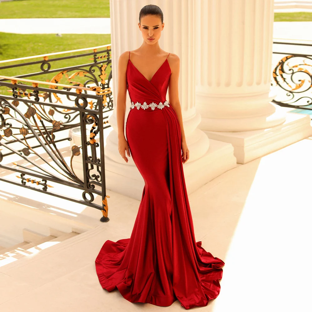 

Mermaid Evening Dress Long Luxury Crystal Spaghetti Straps Sexy Gowns V Neck Burgundy Satin Women's Formal Party Dresses