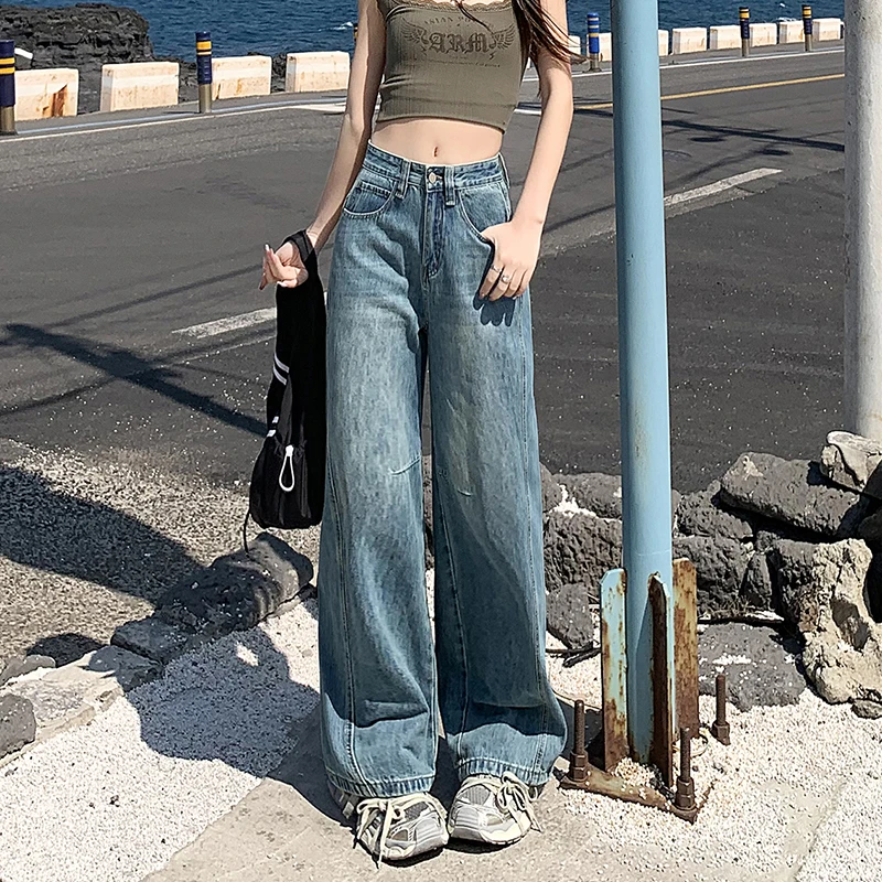 Vaqueros Vintage de pierna ancha y cintura alta para mujer, pantalones vaqueros informales holgados Retro, ropa de calle Y2K a la moda