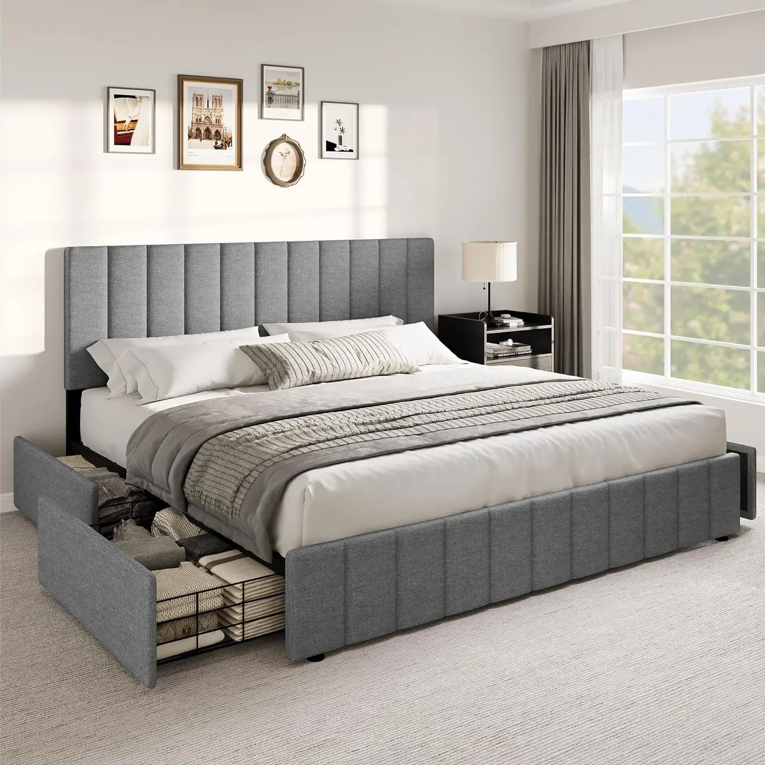 

King Size Bed Frame, Storage Bed Frame with 4 Drawers, Adjustable Upholstered Headboard Platform Bed & Sturdy Wood Slat Support