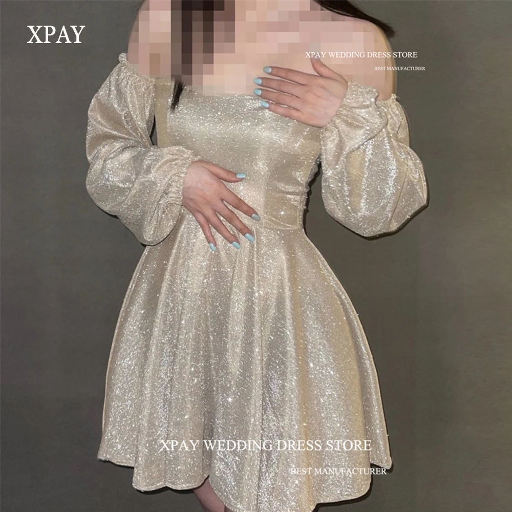 

XPAY Sparkly Glitter Short Prom Party Dresses Champagne Off the Shoulder Long Sleeves Mini Sexy Cocktail Dress Formal Event Gown