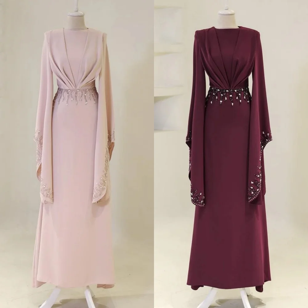 

Customized High Quality Formal Jersey Pleat Beading Sequined Straight O-Neck Long Dresses Bespoke Occasion Dresses Modern Style