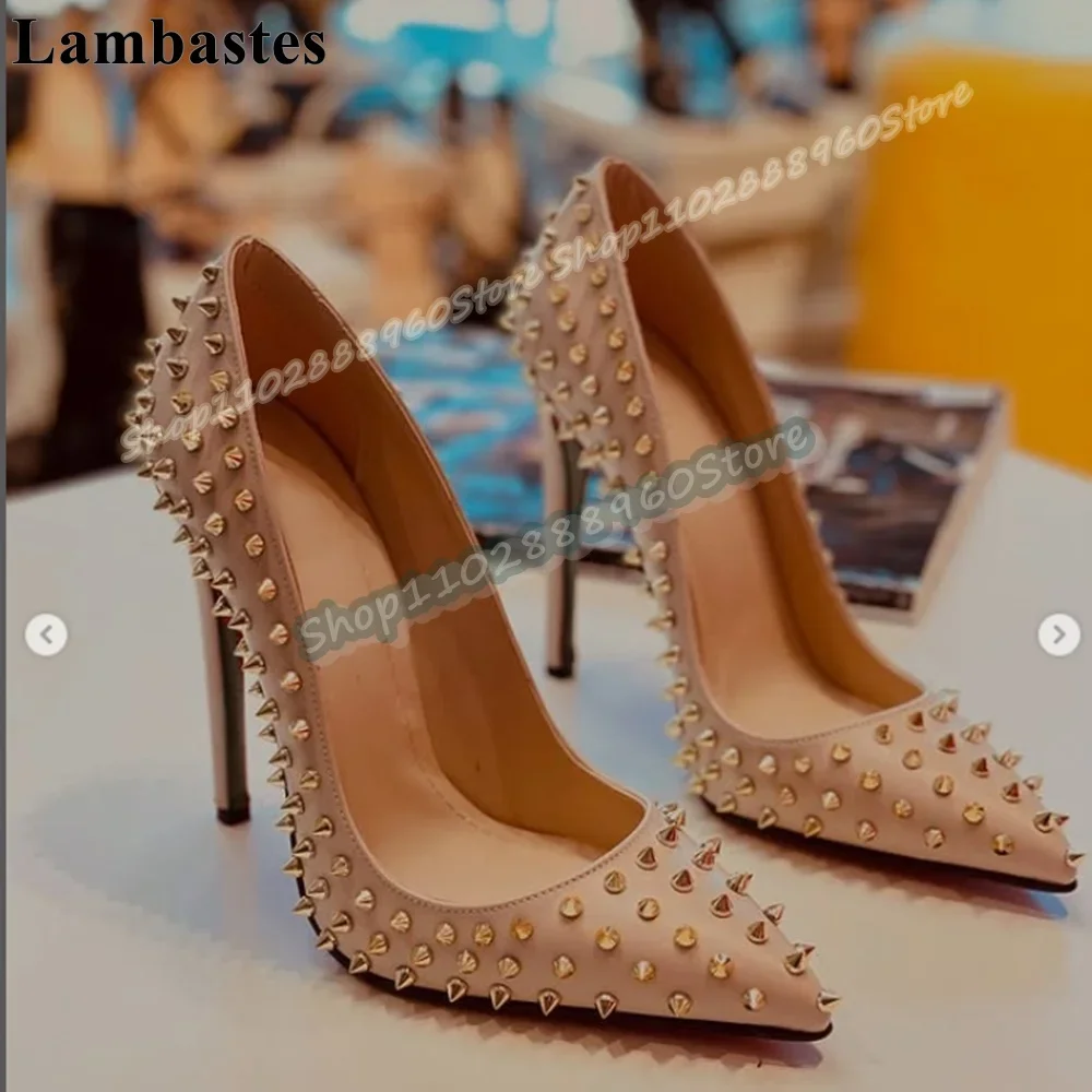

Shallow Nude Leather Full Rivets Pointy Pumps Thin High Heel Women Shoes Slip On Pointed Toe Sexy Casual Gorgeous Women Pumps