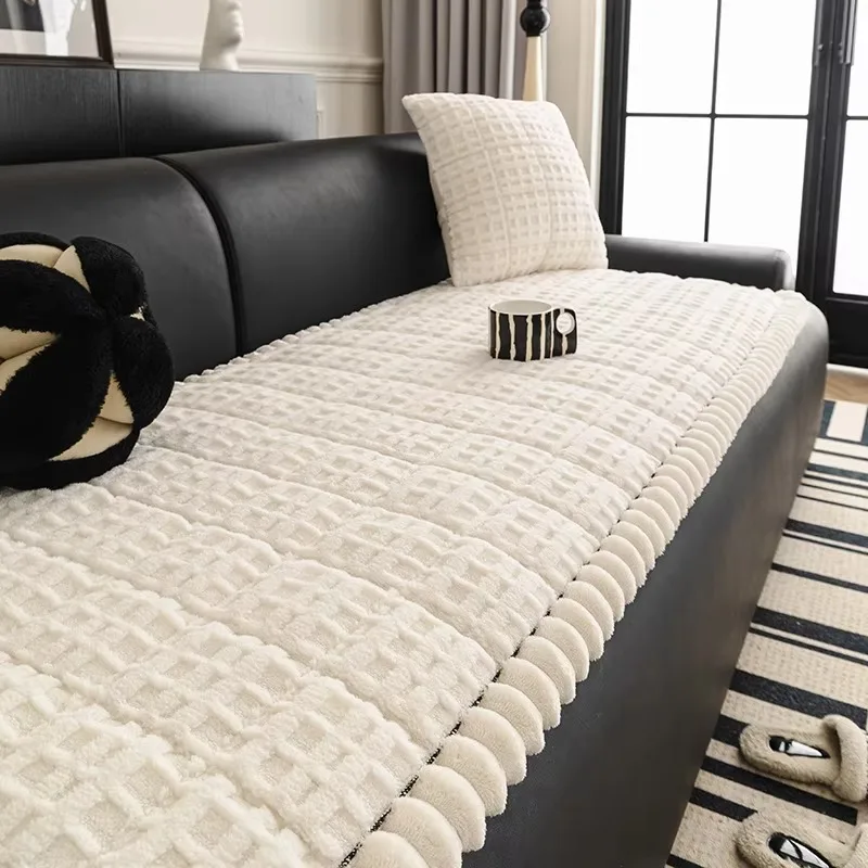Thick Grid Jacquard Short Plush Seat Cover, Anti Slip Washable, Soft Decor for Couch Bay Window Chaise Lounge