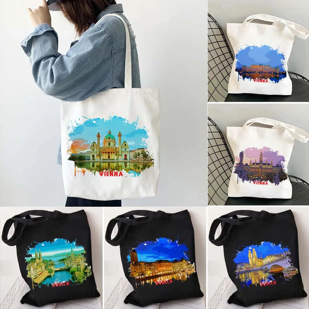 Vienna Austria Zurich Switzerland Watercolor Ink Painting Shoulder Canvas Totes Bag Harajuku Shopping Bag Casual Shopper Handbag