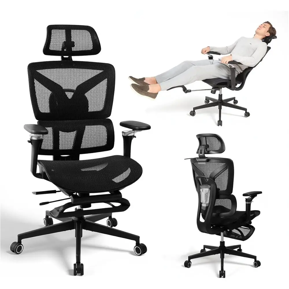 

Ergonomic Tall Office Chair with Footrest, Adjustable Armrests, Lumbar Support, Mesh Recliner for Home or Gaming, Seat Depth Adj