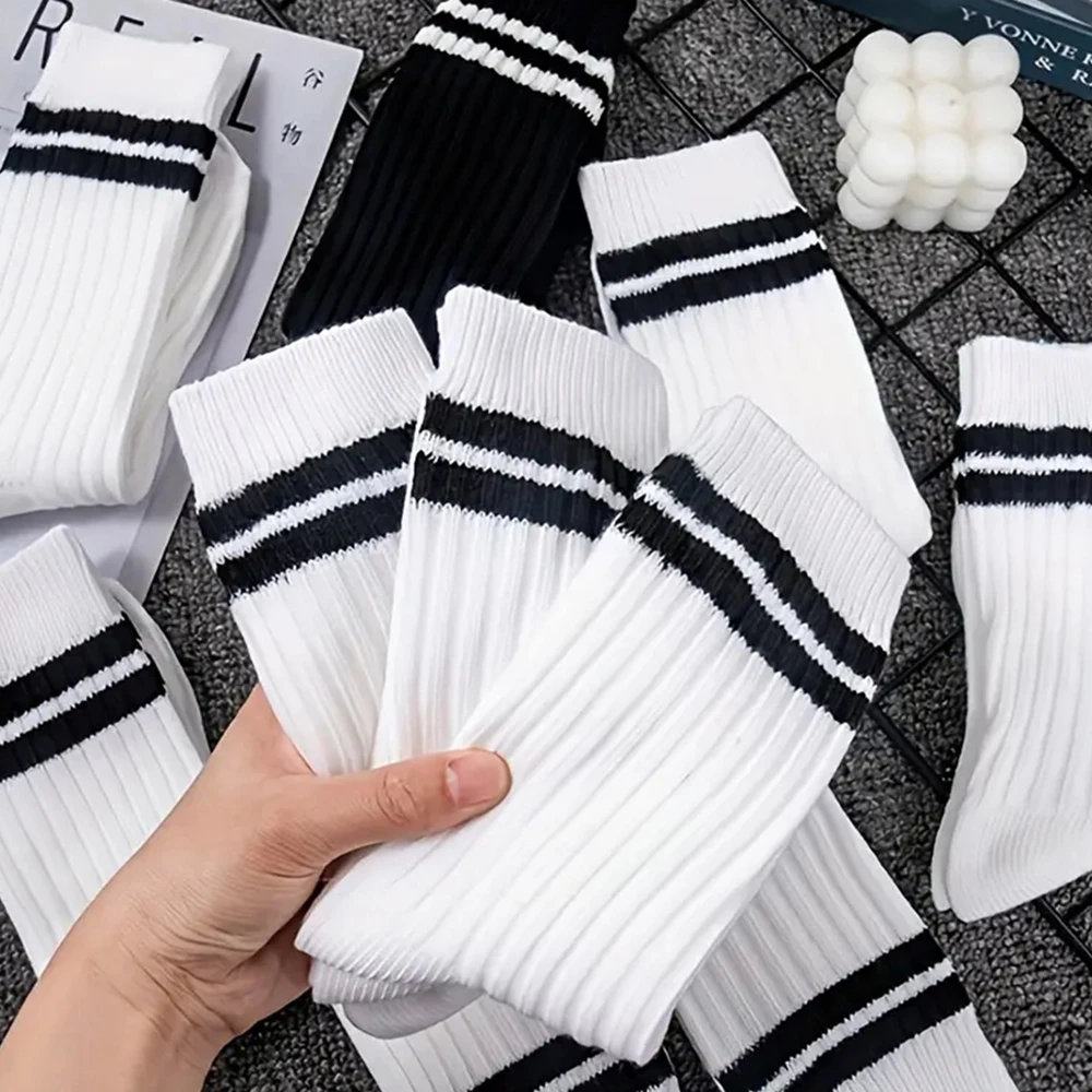 6 Pairs Men Medium Length Socks Simple Versatile Casual Black White Striped Breathable High-Quality Casual Round Neck Socks