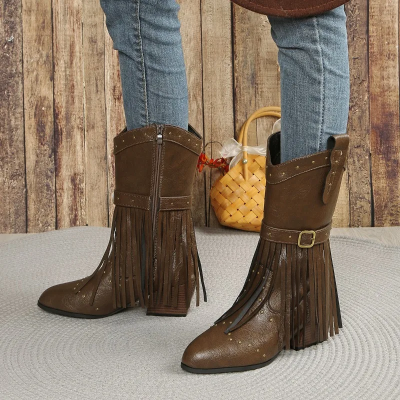 

2025 New Pointed Toe Tassel Middle Heel Rivet Mid Calf Shoes Woman Spring Autumn Half High Boots for Women New Rock Footwear