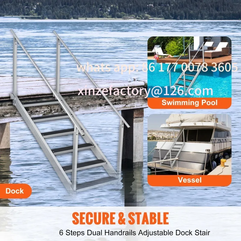 Customizable 4/6 Step Dual Handrails Dock Ladder Aluminum with Rubber Mat 30"-39" Adjustable Height for Lake Marine Boarding