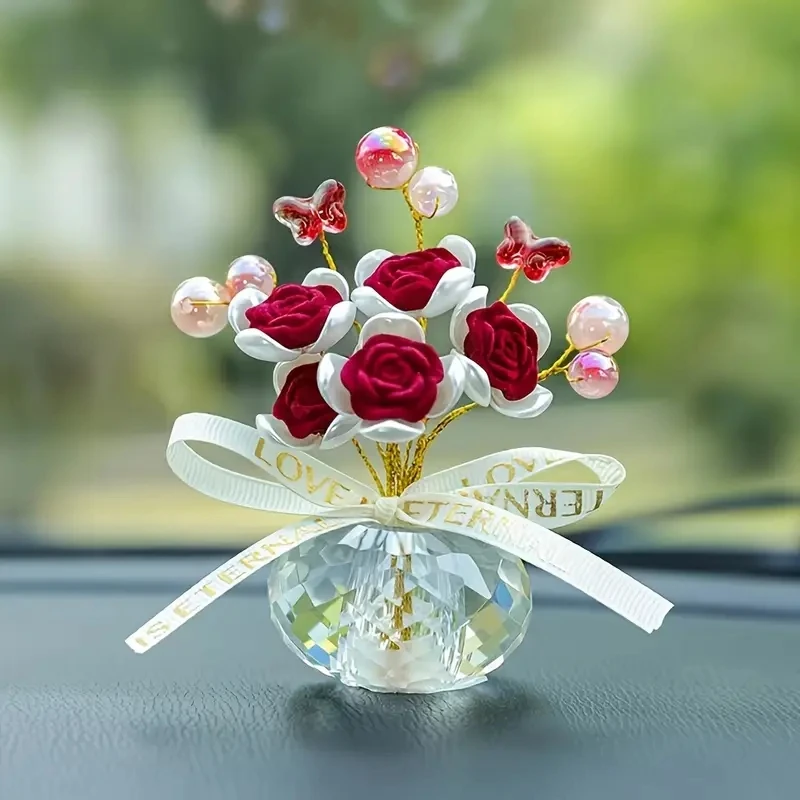 1PC Crystal Glass Rose Dashboard Ornament - Elegant Home,/Bedroom/Car Decor, Festive Holiday Gift Thanksgiving, Christmas