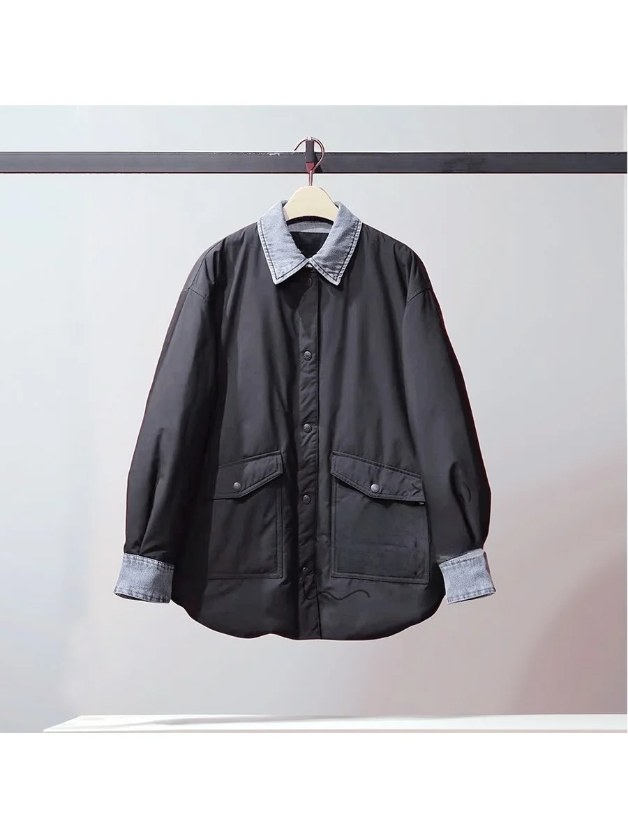 

Легкая женская куртка-рубашка свободного кроя с наполнителем из белого утиного пуха, новинка зимы 2025, с комбинированным дизайном, для повседневной носки