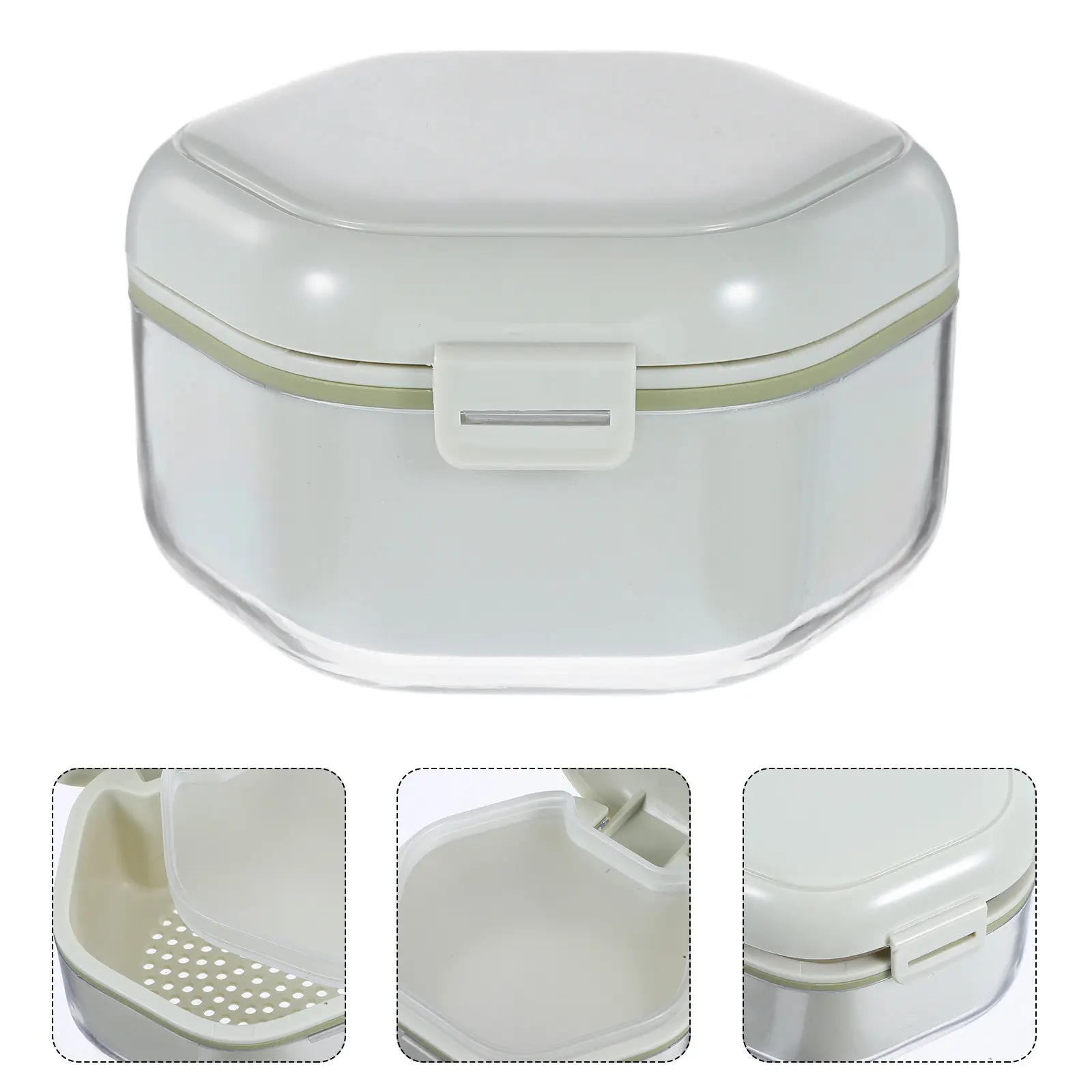 

Dual Layer Oral Appliance Case Retainer Dentures Storage Box Light Green Portable Cleaning Soaking Container Travel Friendly