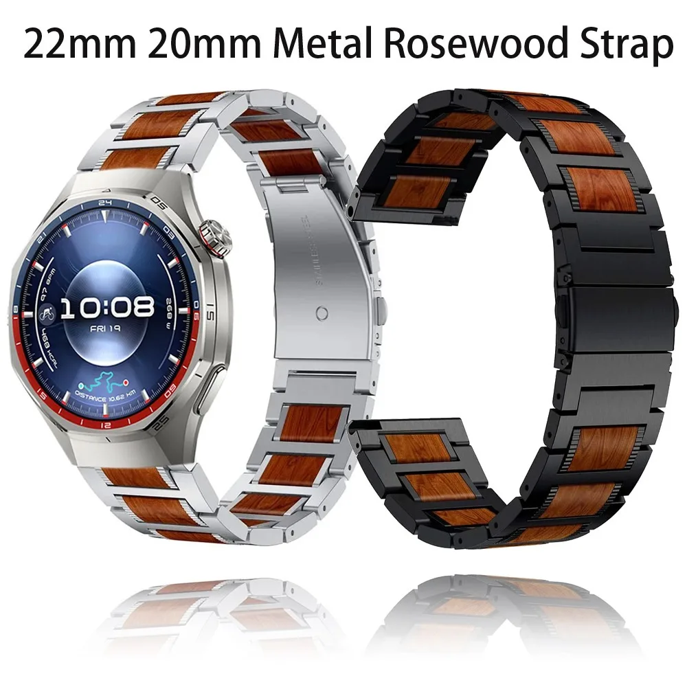 22mm 20mm Metal Rosewood Strap for Huawei Watch 5 GT6-5-4 Pro 46mm Wooden Comfortable Band for Amazfit Balance 2/Bip 6-5/GTS 4-3
