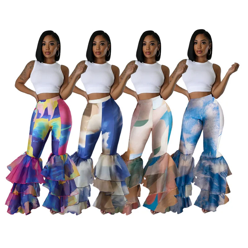 

Ladies Tie-dyed Gradient Hipster Layered Ruffled Trousers Spring And Summer Street Creative Basics Pants