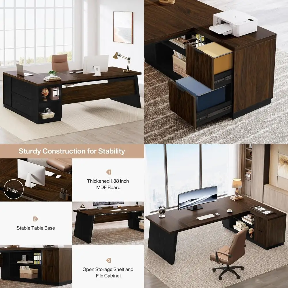 large l-shaped executive office desk with storage shelves and drawers for modern business furniture