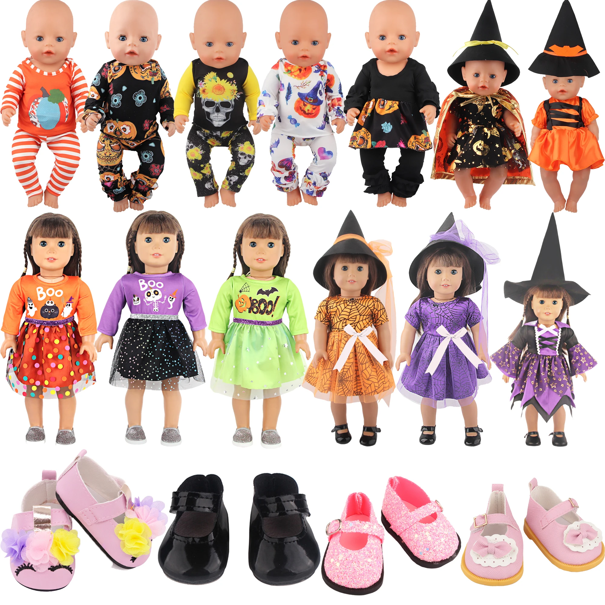 

43cm Baby New Born Halloween Doll Clothes Festival Pumpkin, Skeleton Costumes For 18 Inch American,OG,Life Girl Doll Accessories