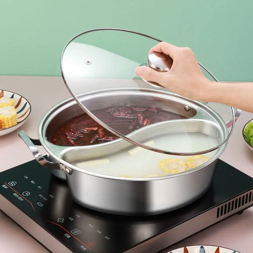 

Stainless Steel Divided Hot Pot with Glass Lid Thicken Chinese Soup Hotpot Binaural Handle Rust-proof Yuanyang Pot Commercial