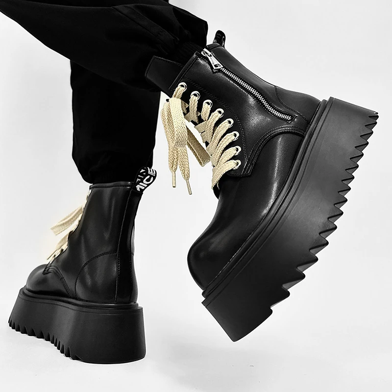 luxury fashion mens boots lace-up natural leather shoes cowboy spring autumn platform boot stage nightclub designer ankle botas