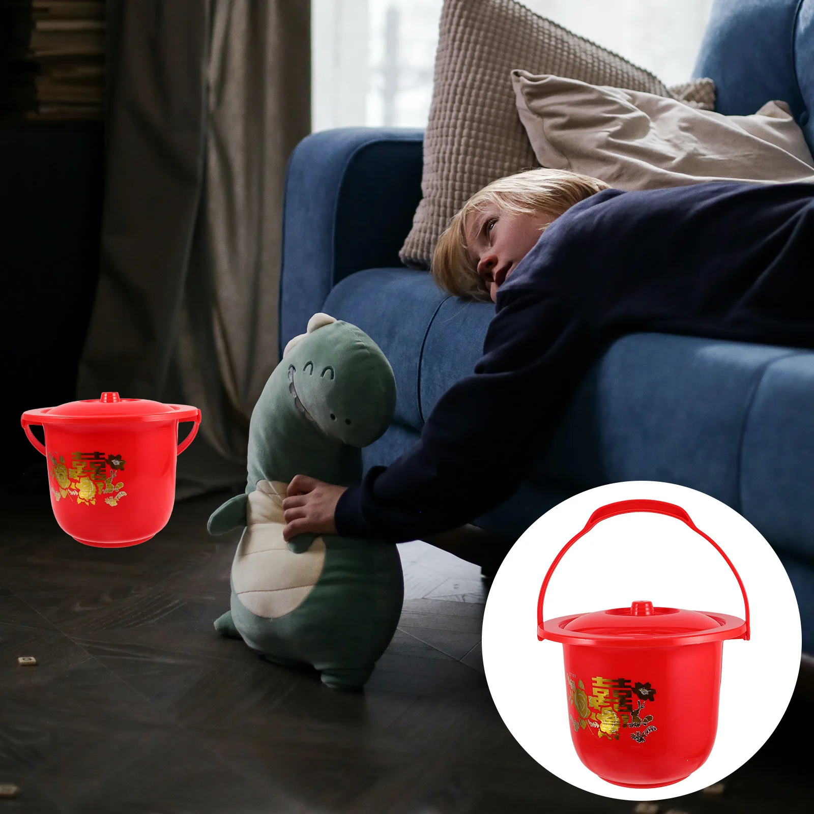

Portable Toilet Chamber Pot for Elderly Baby Women Red Cover Lightweight Ergonomic Plastic Urinal Bucket Home Use