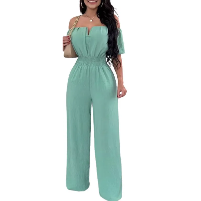 Summer Women Sexy One Line Shoulder Jumpsuit New Solid Color Short Sleeve Slim Elastic Waist Loose Straight Female Long Jumpsuit