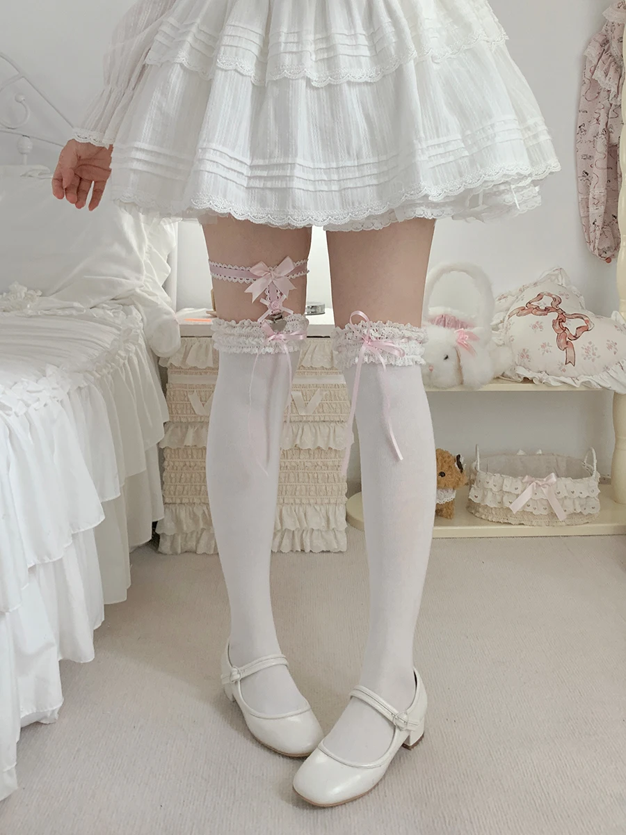 Gentle Township Lolita Socks Women's Spring Bow Medium Tube Socks Lolita Lace Lace Cotton Socks Sweet