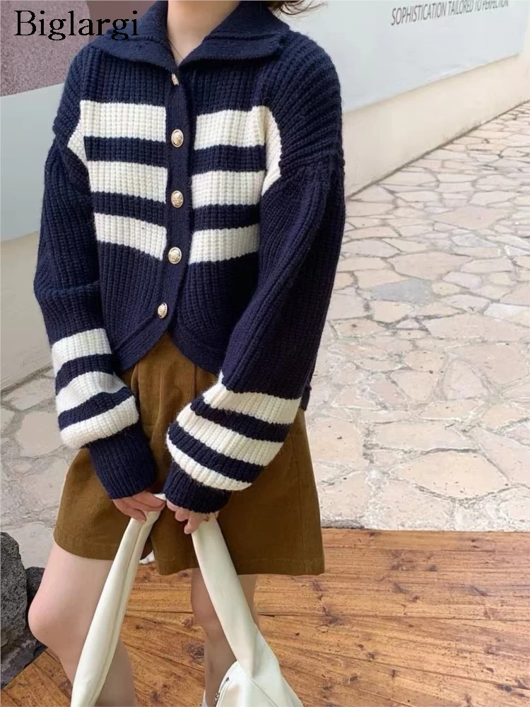 

Вязаный осенний кардиган, женский полосатый принт, модный нерегулярный повседневный свободный женский кардиган, женский свитер в корейском стиле, пальто