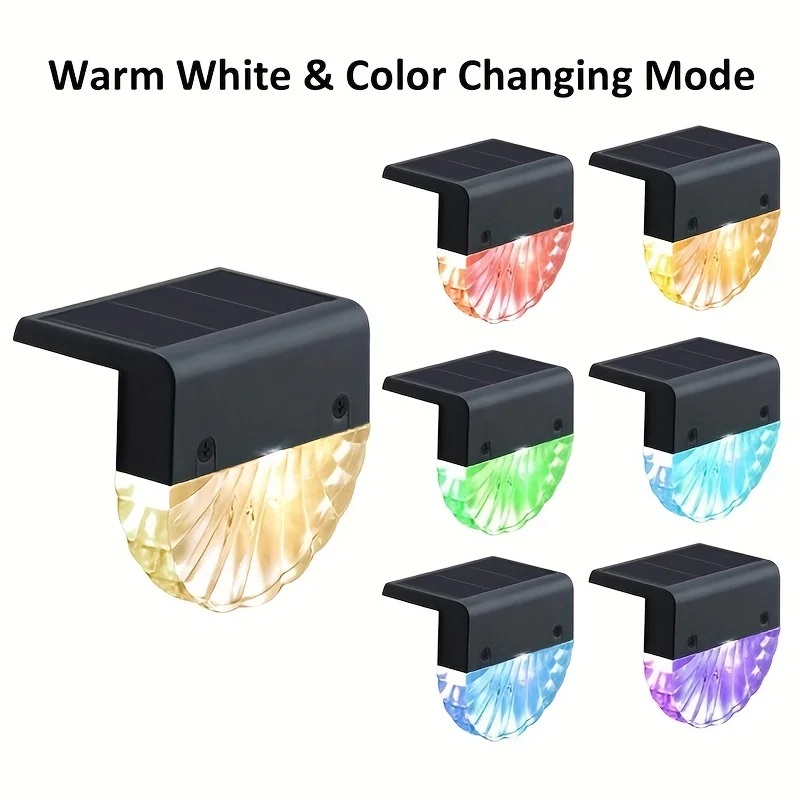 2PCS LED Acrylic Shell Solar Powered RGB Color Warm White Outdoor Stair Lights for Garden Courtyard Fence Wall Lighting