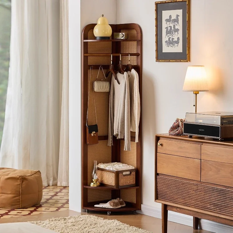 Home bedroom corner floor coat rack with pulley to hang clothes hat wooden