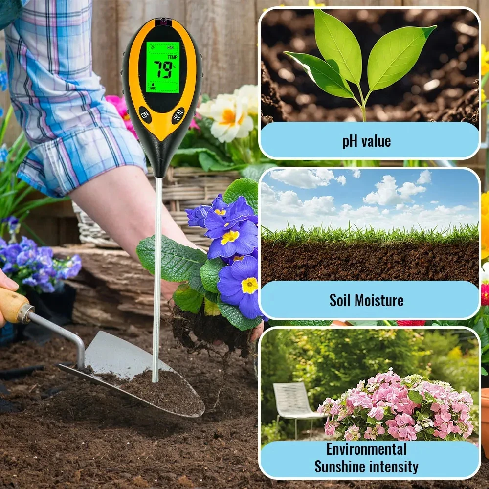 4 in 1 Soil Tester PH Moisture Temperature Sunlight Meter With Digital Display Backlight For Garden Plant Hydroponics Tool