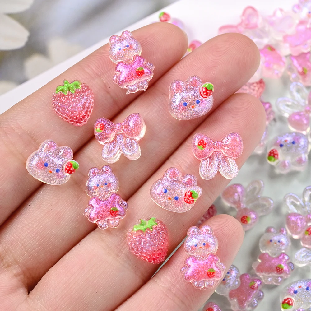 50pcs 3D Kawaii Rabbit Nail Art Charms Supplies Cute Pink Aurora Bow Rabbit Strawberry DIY Manicure Decor Nail Decoration Parts