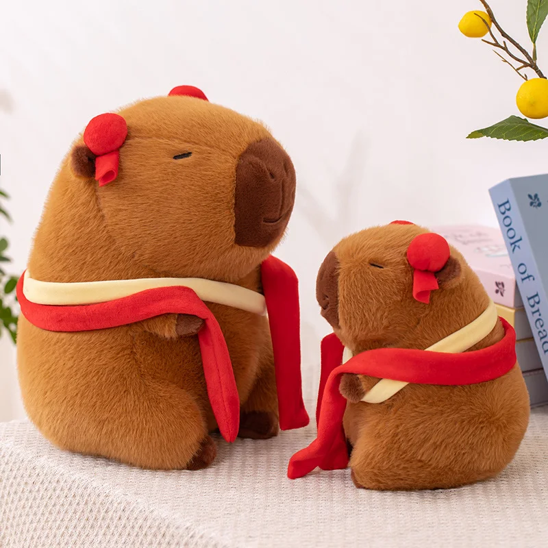 

22/33cm Female Brown Capybara Doll Plush Toy Fatty Sitting Animal Red Dressed Cosplay Cartoon Figure Comforting Birthday Gift