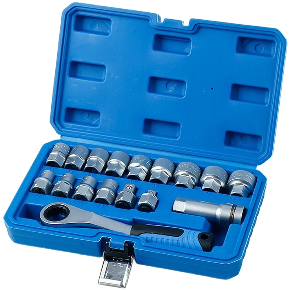17 Piece FOR CRV Hex Socket Set with 12 Point Tooth Design and Hollow Through Ratchet for 10mm to 24mm Fasteners