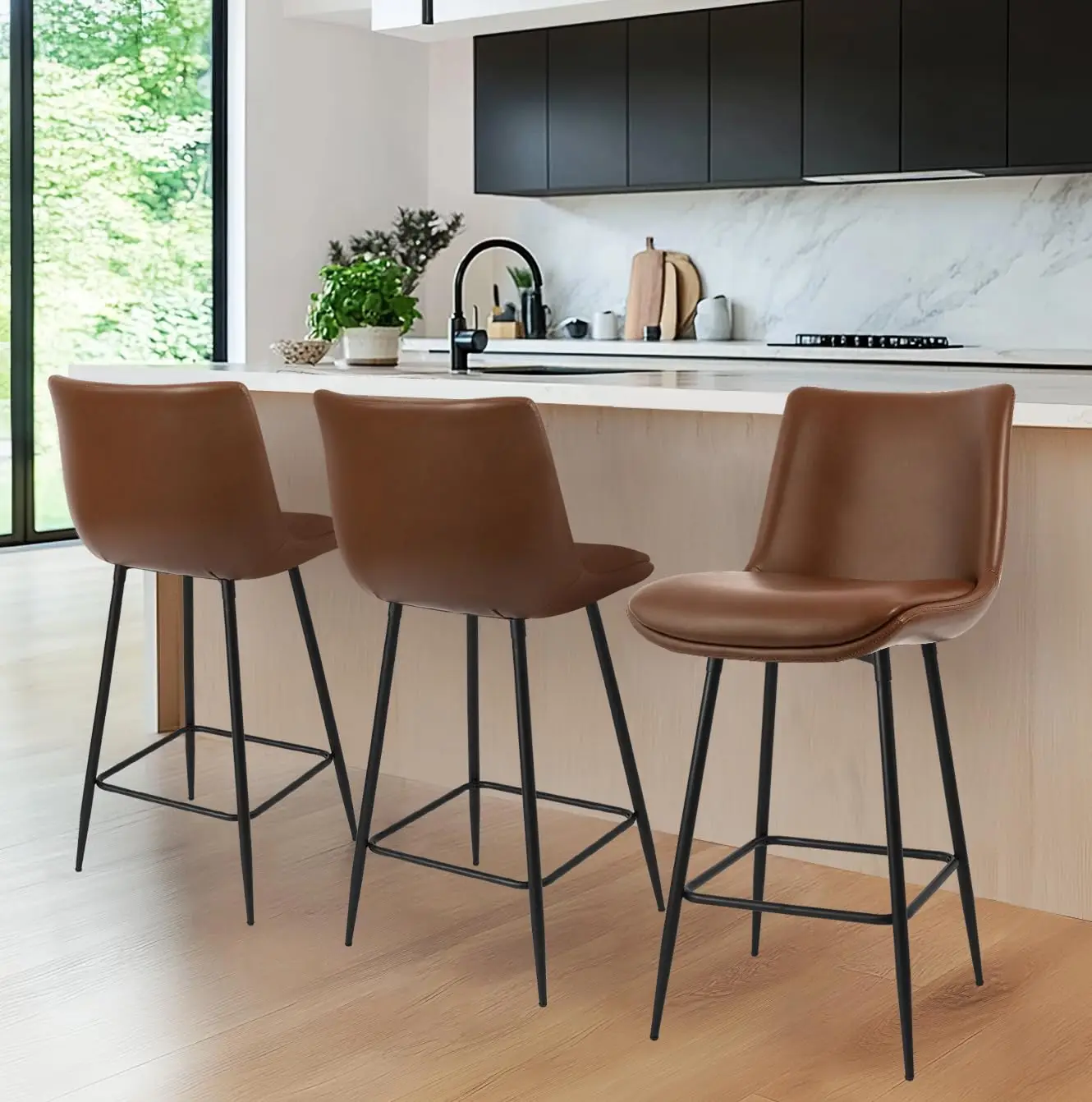 

Набор барных стульев со столешницей, сертифицированный FSC, набор из 3 барных стульев из искусственной кожи с обивкой, спинкой, металлическим основанием, 27 дюймов.