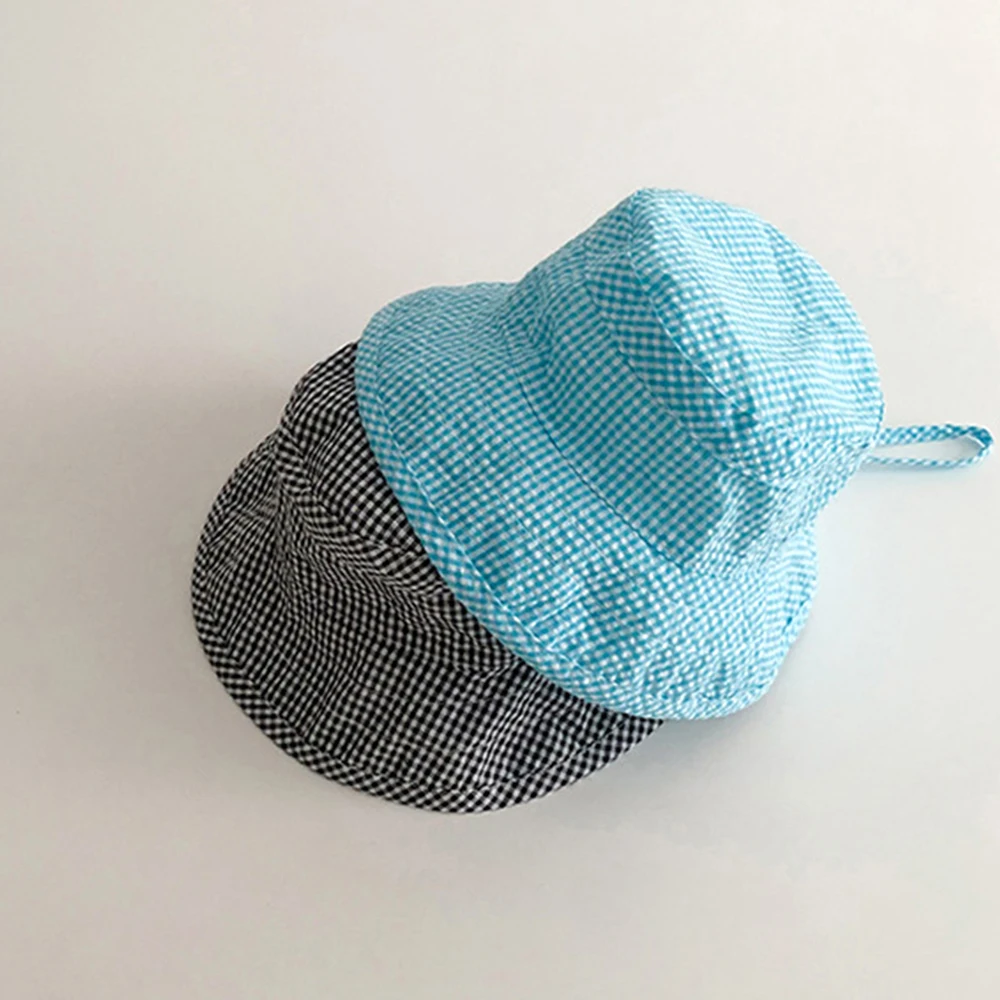 Wide Brim Summer Sun Hat for Baby Plaid Print Fisherman\'s Hat Children Cotton Bucket Cap for Boys Baby Girls SunHat Kids Bonnet