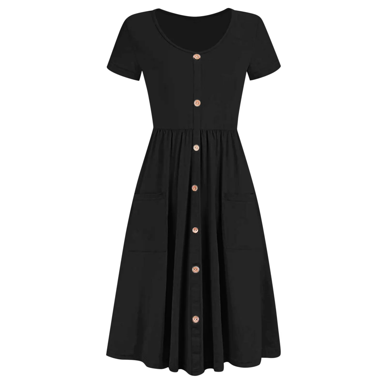 Boho Women Button Summer Dress manica corta abiti al ginocchio con tasca Casual tinta unita abiti femminili Robe Femmes