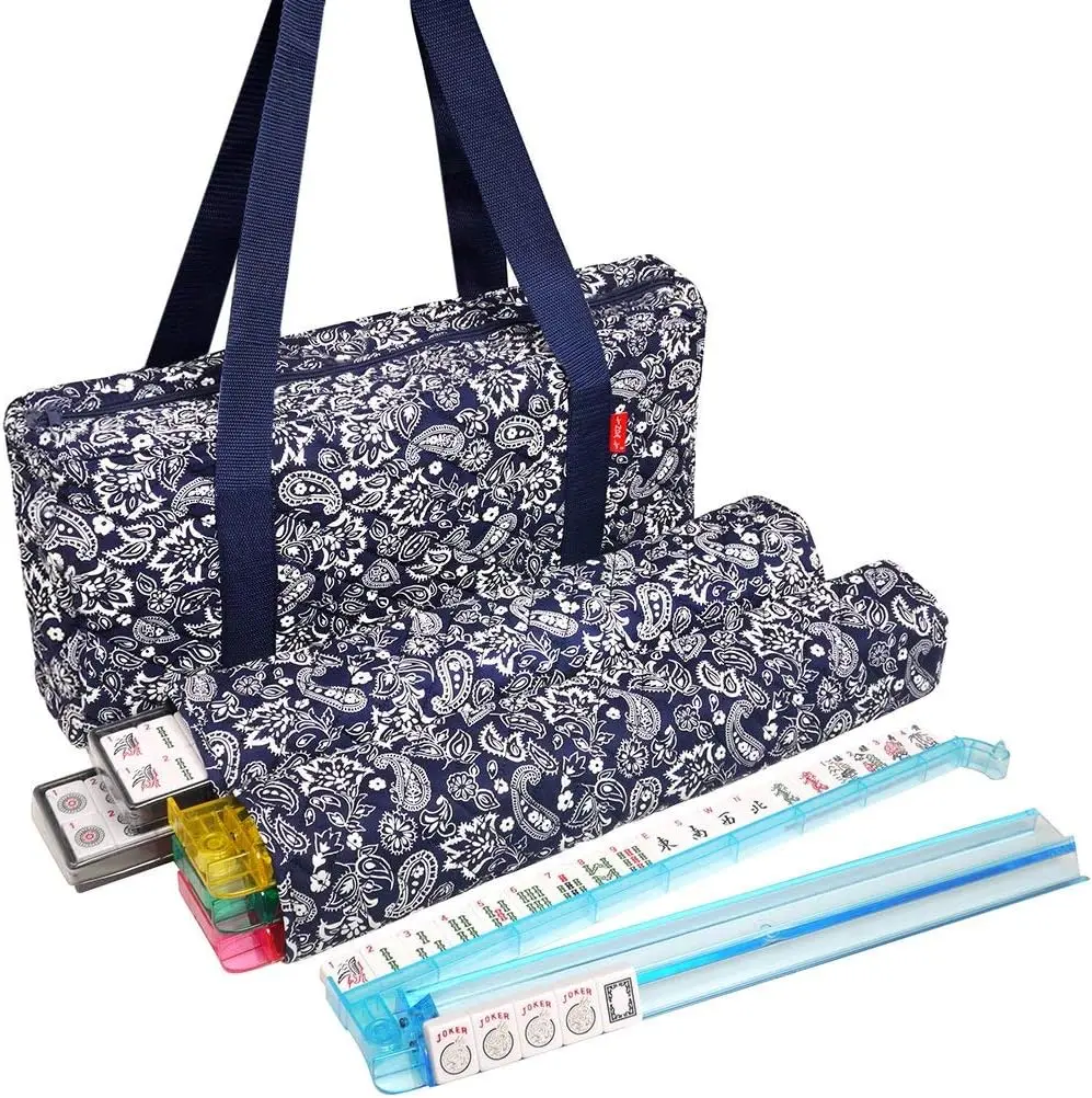 

American Mahjong Set 166 Premium White Tiles, 4 All-in-One Rack/Pushers, Blue Paisley Soft Bag – Full Size Complete Mahjongg Set
