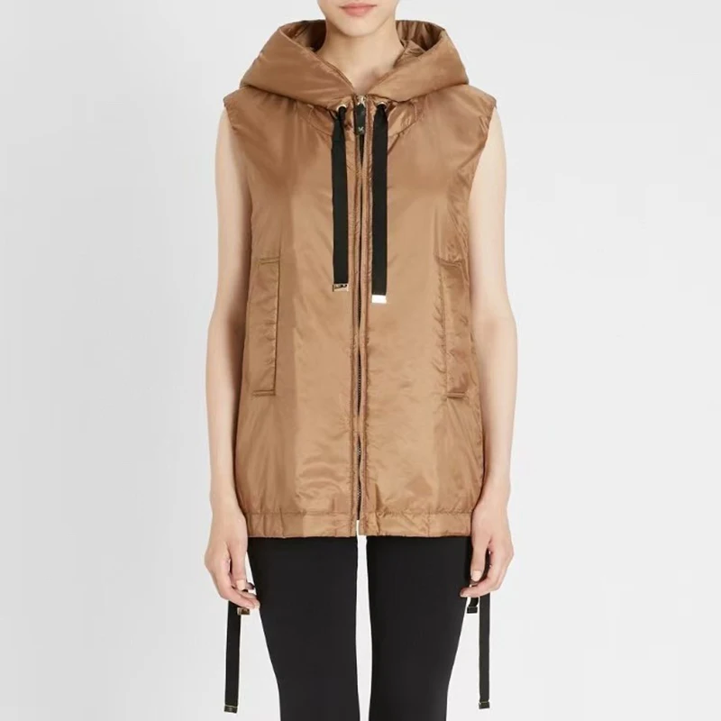 Giacca gilet con cappuccio cammello da donna, giacca senza maniche allentata alla moda, piumino di alta qualità, inverno, nuovo, 2024, y2k