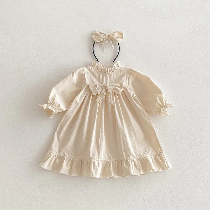 Girls Dress 2026 Autumn French Retro Bow Knot Doll Collar Temperament Long Sleeved Childrens Outerwear Dress