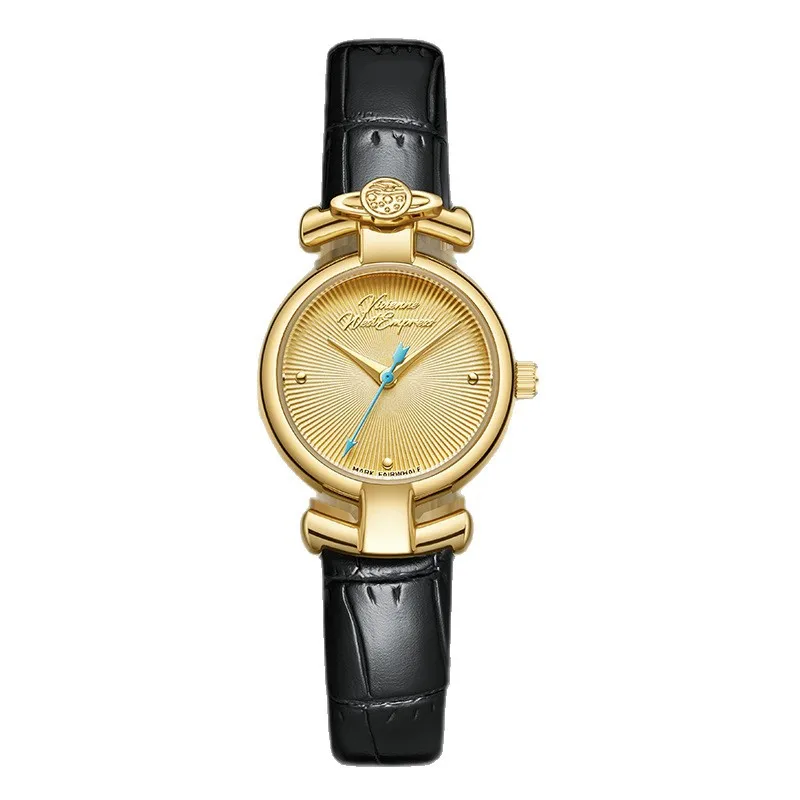 Minimalist Alloy Decorative Waterproof Quartz Watch for Women with Genuine Leather Strap Round Pin Buckle Wristwatch