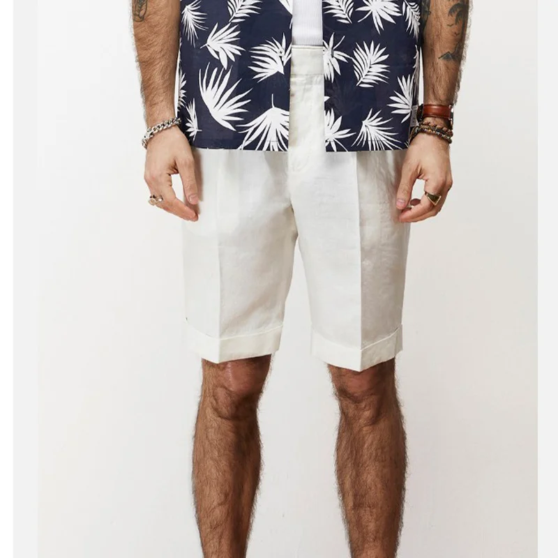 Summer Men's Naples Shorts Paris Buckle Retro Gentleman Linen Thin Cool Five-Point Pants Middle-Aged Workwear