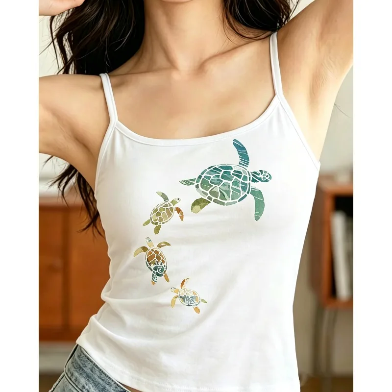 Women Spaghetti Strap Cami Tank Top Watercolor Sea Turtle Print Sleeveless Soft Summer Casual Beach Vacation Basic Daily Vest