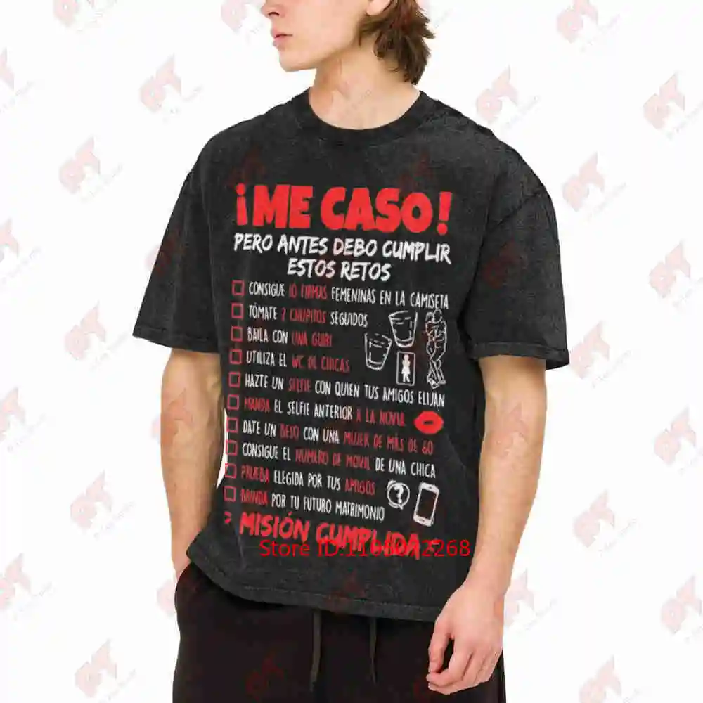 Bachelor Party Challenge List Spanish Humor Wedding Groom Vintage Washed Tee Pure Cotton T-Shirt