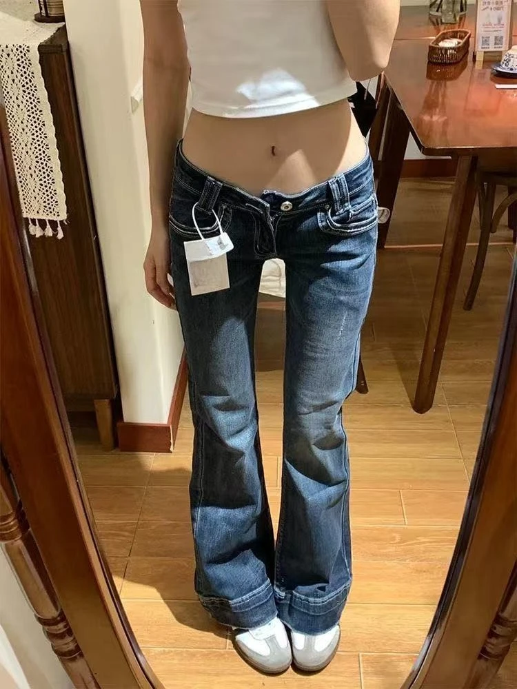 2000s Vintage High Street Low-Waisted Jeans Women Summer All-Match Wide Leg Y2K Denim Trousers Female Sexy Slim Fit Flares Pants