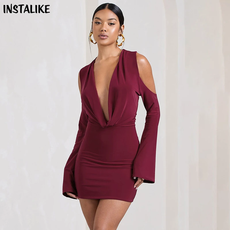 

InstaLike-Women's Black Folds Mini Dress, Sexy Pile Collar, Deep V Neck, Slim,Off Shoulder, Party, Luxury, Casual Street, Summer