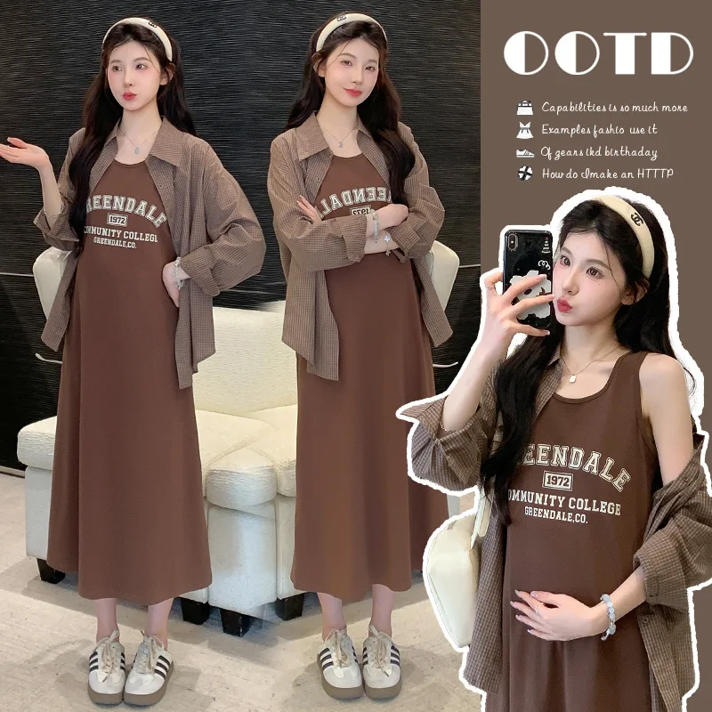 

2025 Plaid Pregnancy Dress Autumn Checkered Shirt Sleeveless Pinafore Two Piece Set Comfortable Stylish Maternity Outfit