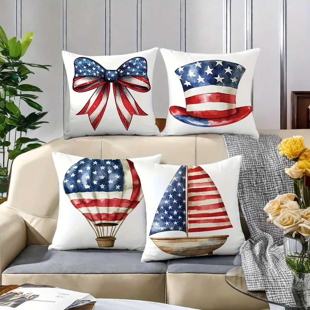 4pcs National flag, magic hat, balloons printing Short plush Suitable for living rooms bedrooms sofas (excluding pillow cores)
