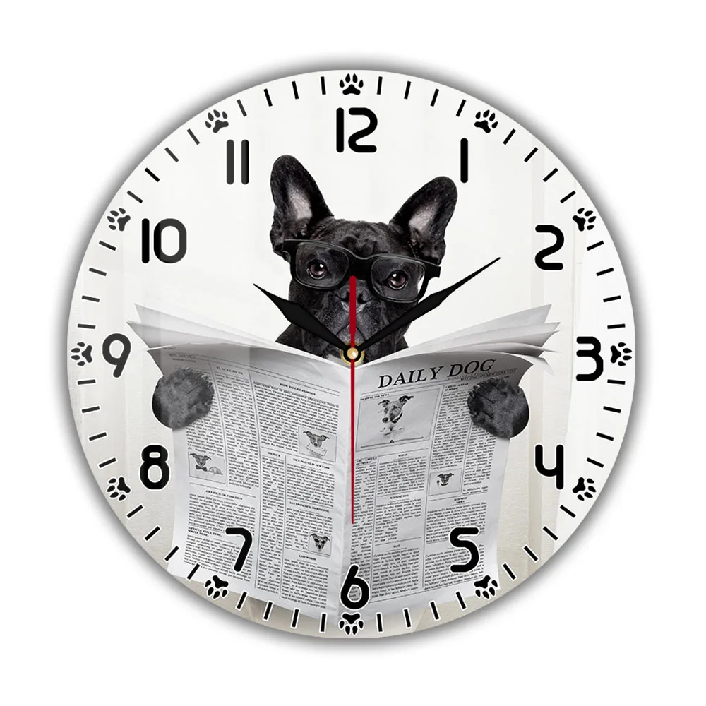 Potty French Bulldog Funny Wall Clock for Pet Shop Vet Clinic Frenchie Read Newspaper on Toilet Wall Clock Puppy Pet Owners Gift