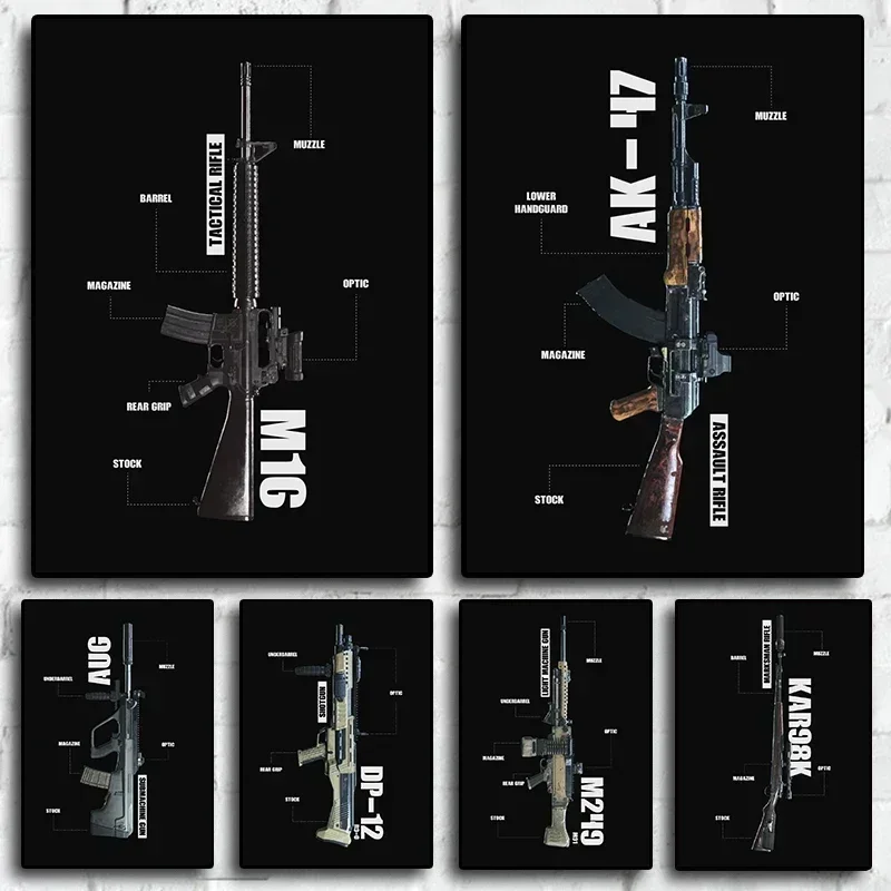 Shooting Game World Famous Gun Weapons Vector Art Black Picture Canvas Painting Posters and Prints for Living Room Decoration