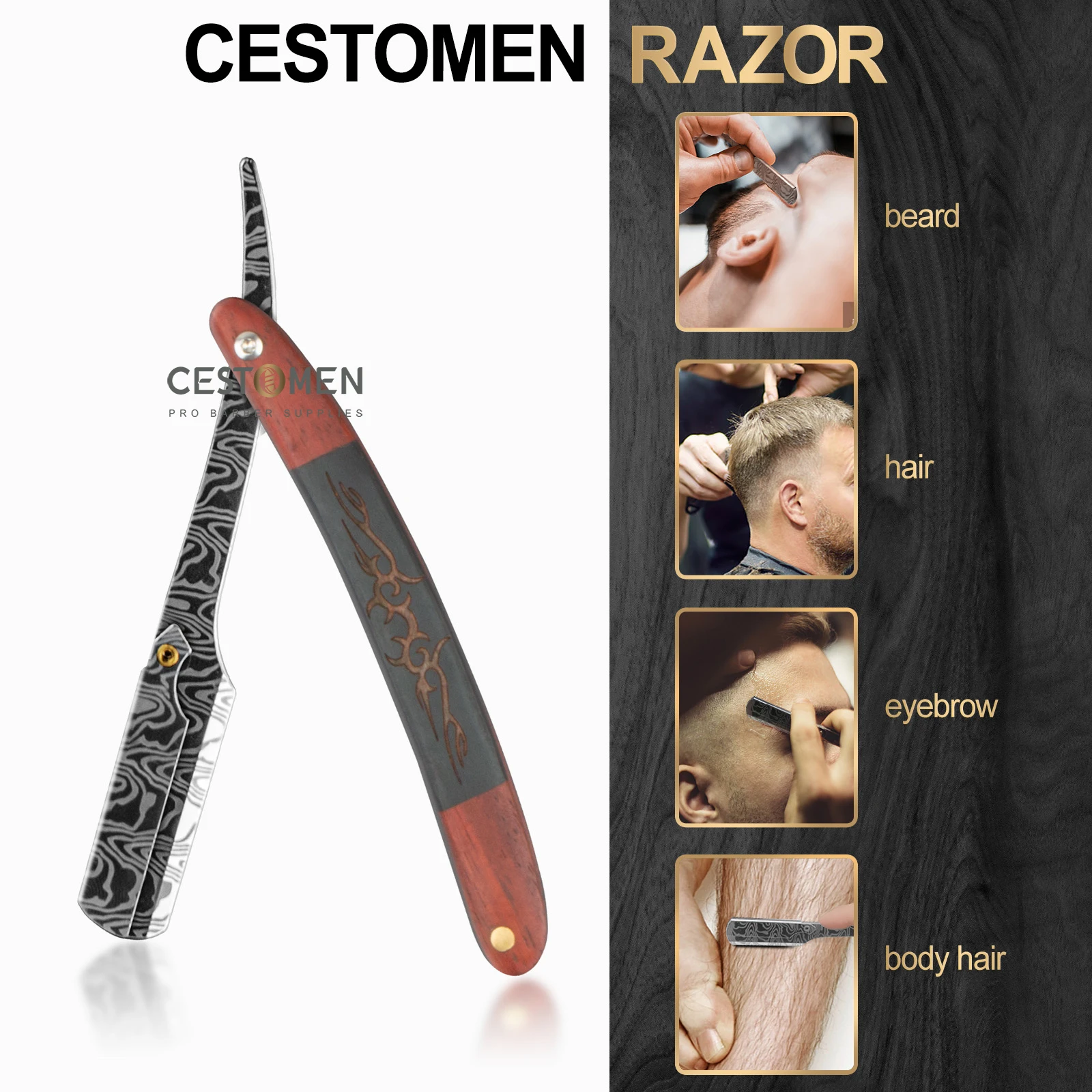 Maquinilla de afeitar Manual para Barbero, soporte de cuchillo plegable profesional de acero inoxidable para afeitado de barba, mango de madera, cuchillas de seguridad, 3 tipos