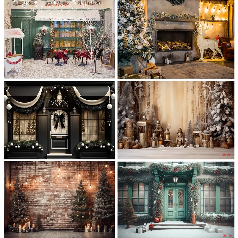 Vinyl Custom Christmas Day Fireplace Photography Backdrops Prop Window Living Room Interior Village House Theme Background DR-04